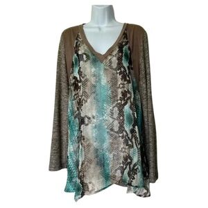 Citron Poeme snake print silky sweater top v neck long sleeve excellent Size XL